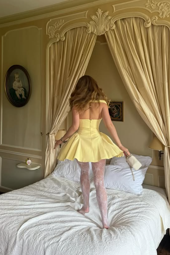 Simple Cute Yellow A Line Straps Satin Sequin Short Prom Dress Homecoming Dress DP6526