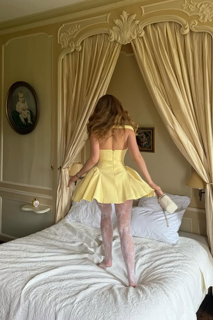 Simple Cute Yellow A Line Straps Satin Sequin Short Prom Dress Homecoming Dress DP6526