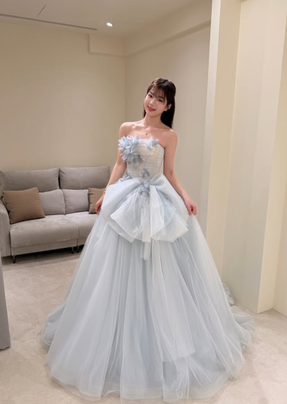 Elegant Light Blue A Line Strapless Floral Bow Tulle Prom Dress DP4708