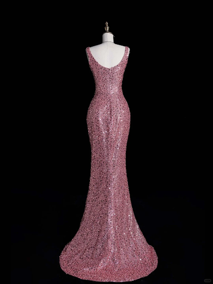 Stunning Mermaid Strap Pink Sequin Long Prom Dress Evening Dress DP2091
