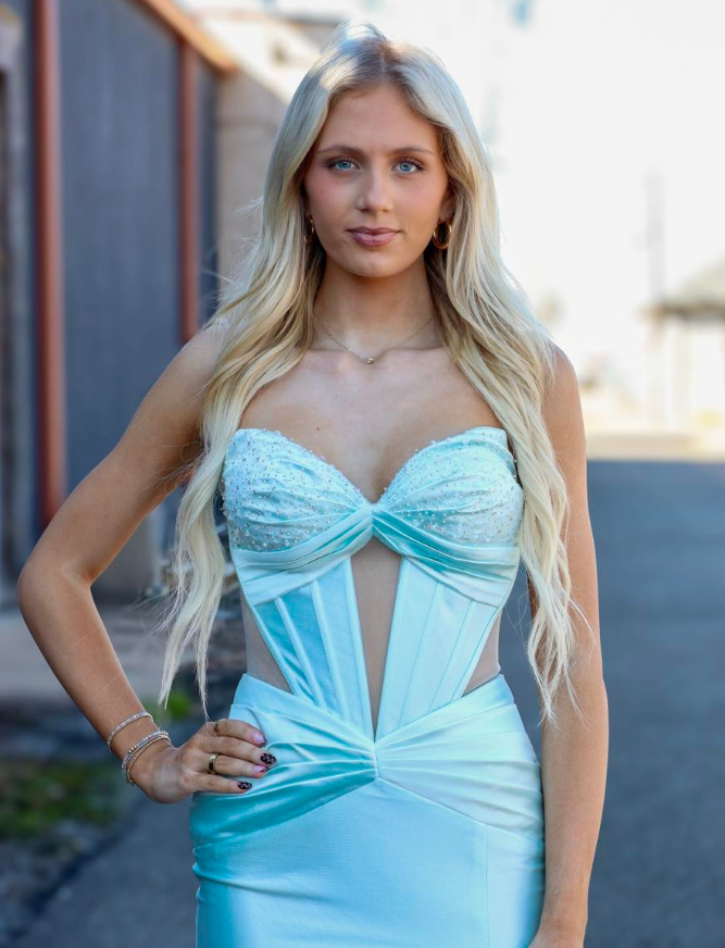 Sweety Baby Blue Mermaid Strapless Beaded Satin Slit Long Prom Dress Evening Dress DP6282
