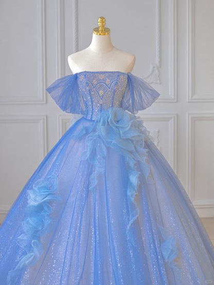 Elegant A Line Off the Shoulder Beaded Sequin Blue Tulle Long Prom Dress Party Dress DP2726