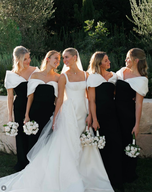 Classic Black-white Sheath Off the Shoulder Satin Long Bridesmaid Dress DP5099