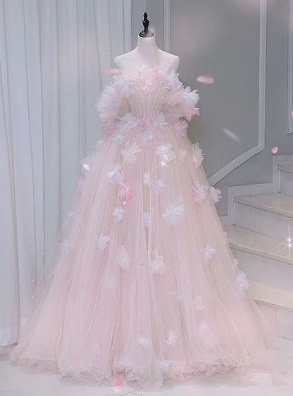 Fairy Pink Tulle Appliques Long Prom Dress Princess Ball Gown DP675