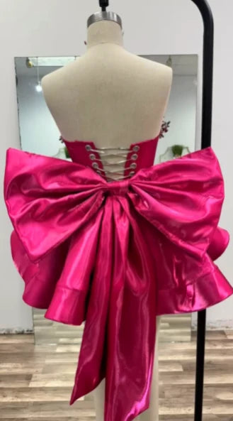 Pink A Line Strapless Rhinestone Satin Mini 18th Gold Birthday Outfit Cocktail Dresses For Women DP3789