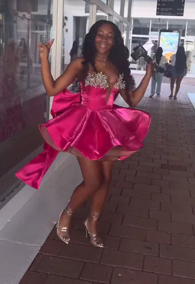 Pink A Line Strapless Rhinestone Satin Mini 18th Gold Birthday Outfit Cocktail Dresses For Women DP3789