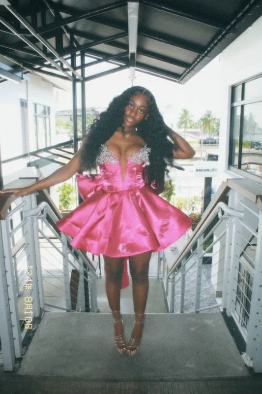 Pink A Line Strapless Rhinestone Satin Mini 18th Gold Birthday Outfit Cocktail Dresses For Women DP3789