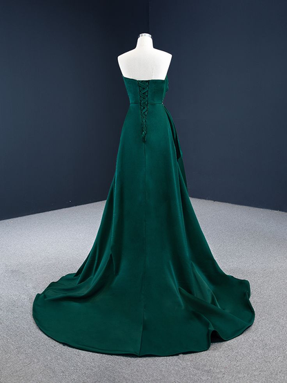 A-Line Dark Green Satin Strapless Pleats Beading Prom Dress DP213