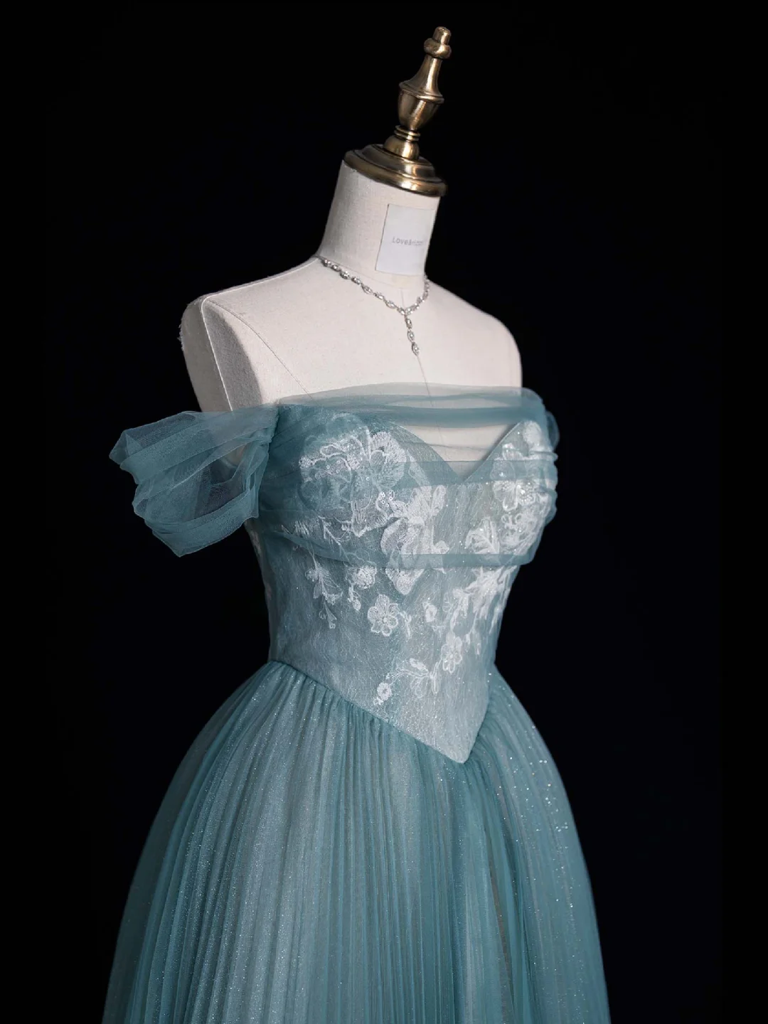 Elegant A Line Off the Shoulder Lace Blue Tulle Prom Dress Evening Dress DP1952