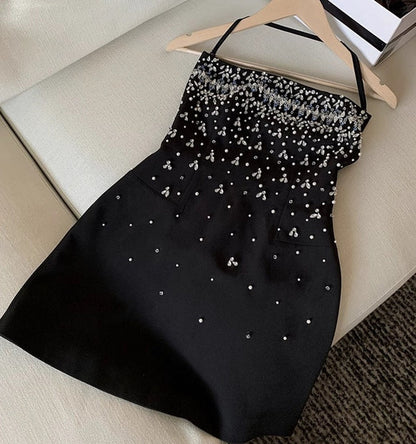 Pretty A Line Spaghetti Straps Rhinestone Satin Mini 18th Gold Birthday Outfit Cocktail Dresses For Women DP3788