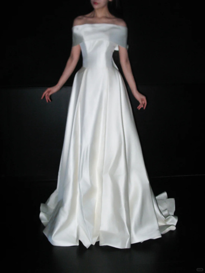 Vintage A Line Off the Shoulder White Simple Satin Long Wedding Dress DP8124