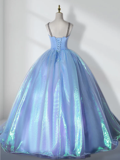 Luxurious Sky Blue Sweetheart Neck Beaded Tulle Long Prom Dress Quinceanera Dress  DP526