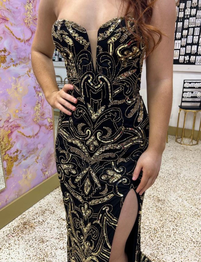 Luxurious Sheath Strapless Gold Beaded Sequin Black Tulle Long Prom Dress Evening Dress DP6575