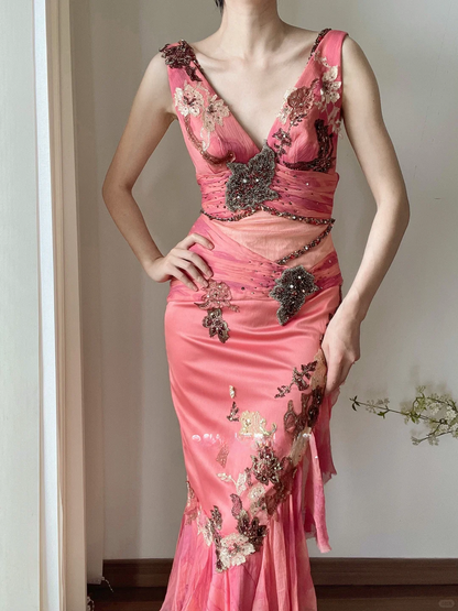 Retro Pink Mermaid V Neck Beaded Ruffle Satin Long Prom Dress Evening Dress DP3349