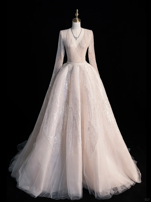 Light Apricot A Line Long Sleeve V Neck Beaded Tulle Long Prom Dress Formal Dress DP3237
