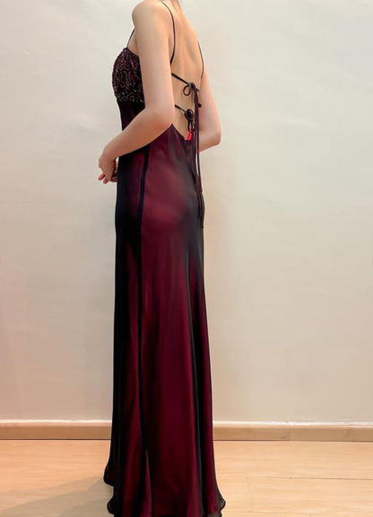 Vintage Sheath Straps Black Chiffon Burgundy Satin Prom Dress Evening Dress Date Dress DP5287