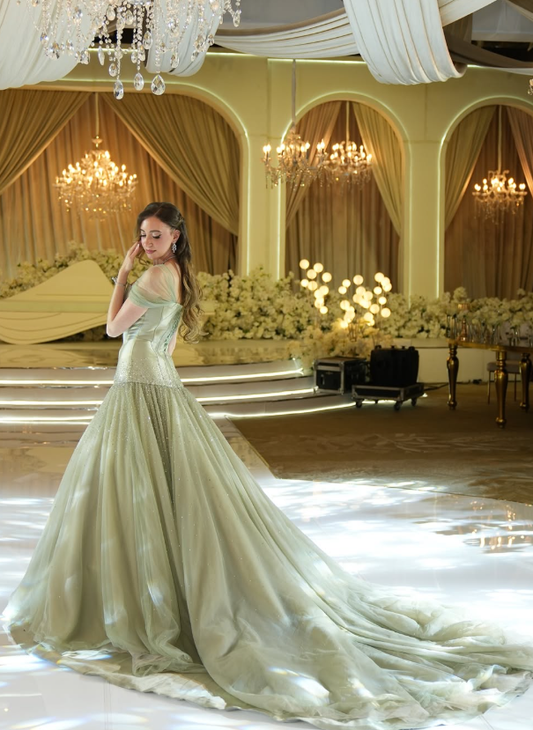 Sage Green Off the Shoulder Beaded Satin Tulle Prom Dress Wedding Guest Dress DP4919