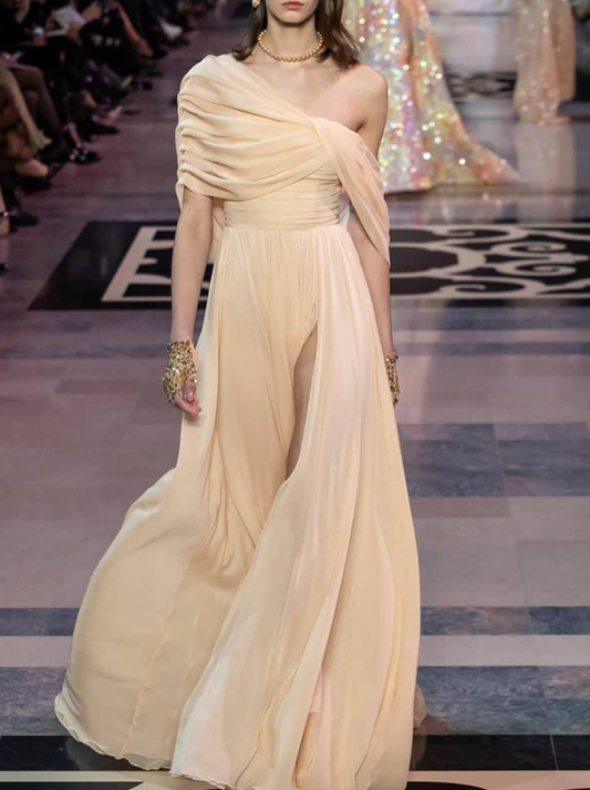 Fairy A Line Off the Shoulder Champagne Chiffon Prom Dress Evening Dress with Slit DP1712