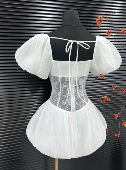Cute Puff White Lace Satin Short Homecoming Dress Date Dress DP2956