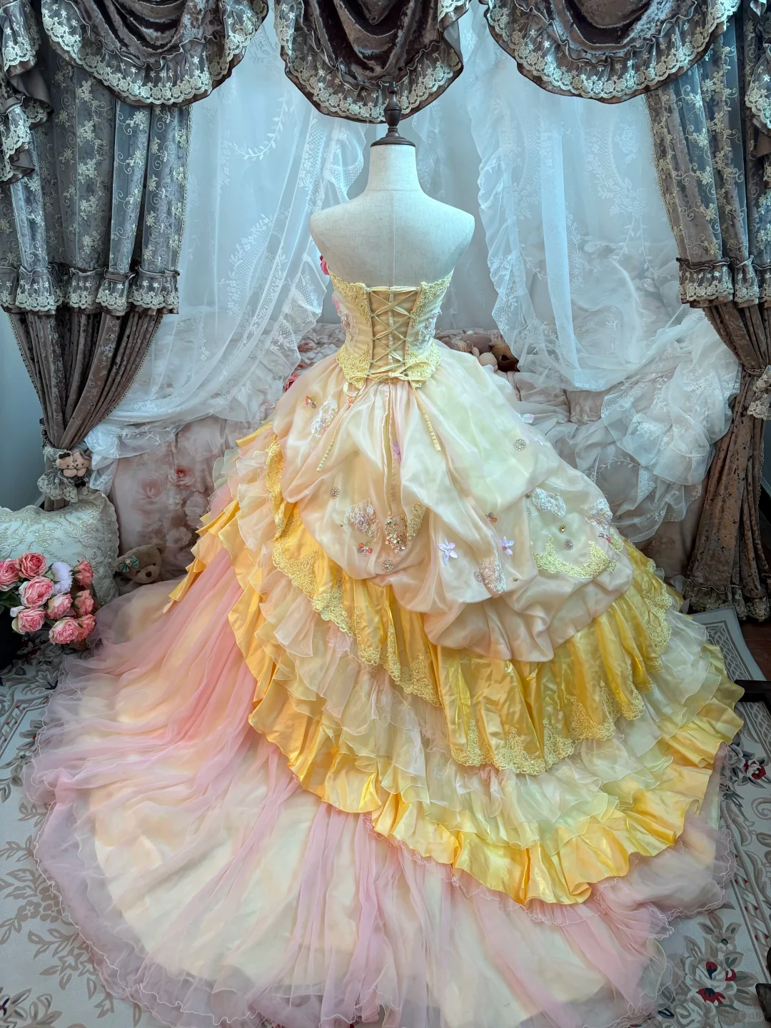 Princess Yellow Ball Gown 3D Floral Tulle Lace Long Prom Dress 16th Birthday Dress DP5388