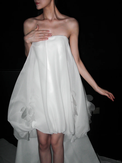 Cute A Line Strapless White Tulle Long Sweep Wedding Dress DP5781
