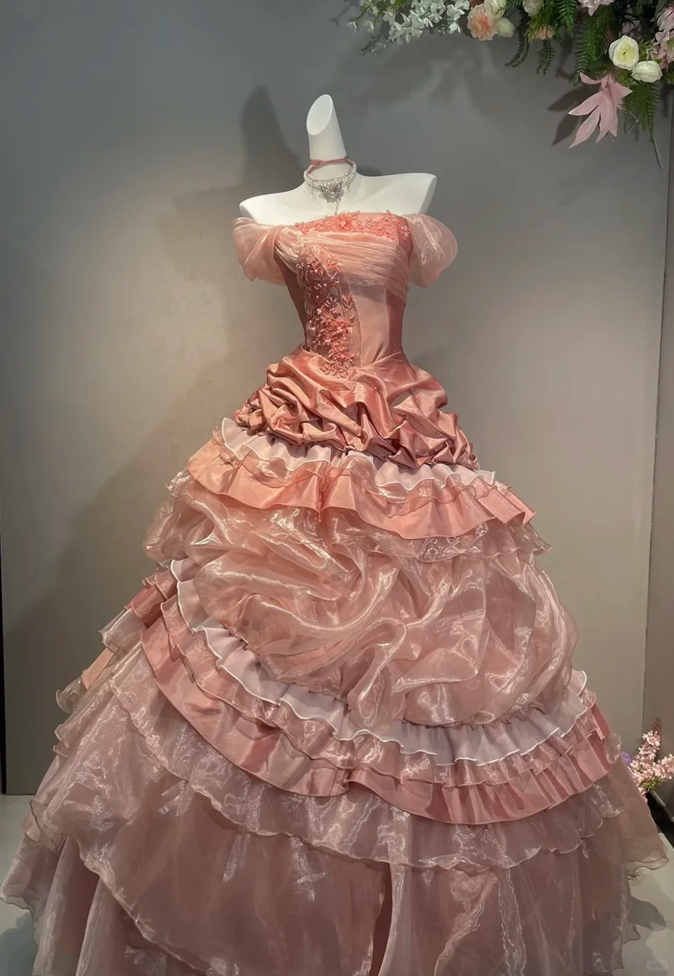 Coral Powder Ball Gown Off the Shoulder Layered Satin Organza Long Prom Dress 16th Birthday Dress DP5386