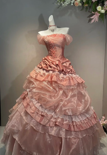Coral Powder Ball Gown Off the Shoulder Layered Satin Organza Long Prom Dress 16th Birthday Dress DP5386