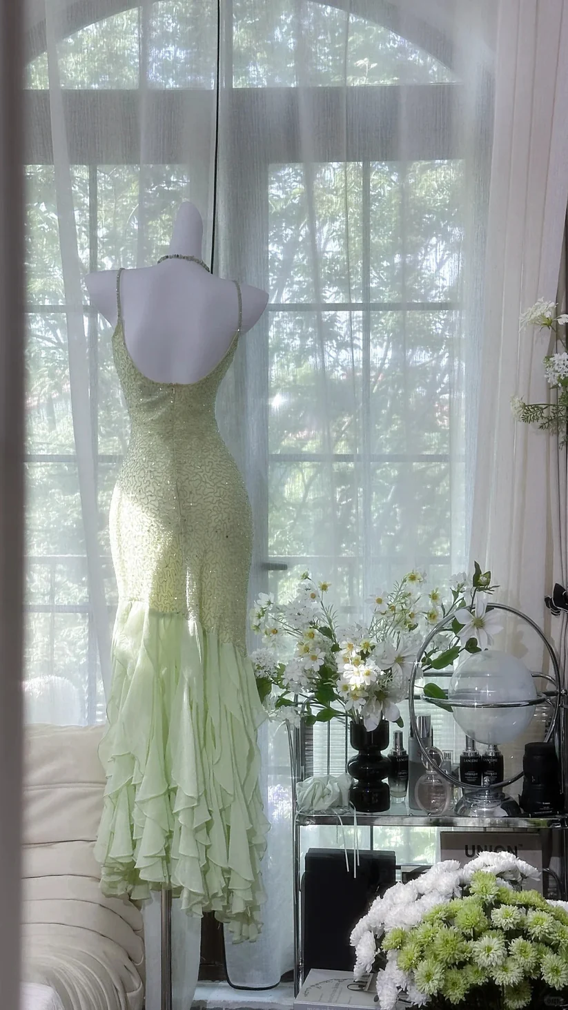 Exquisite Beaded Light Green Mermaid Ruffle Chiffon Prom Dress Date Dress Evening Dress DP2905