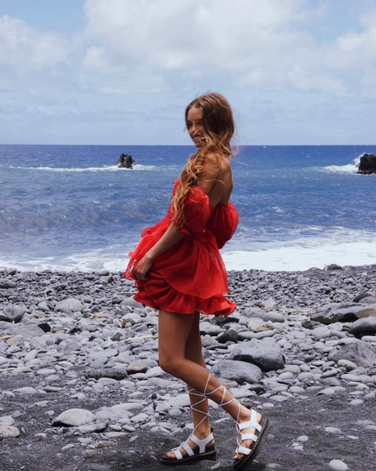 Charming Red A Line Puff Layered Chiffon Short Homecoming Dress Vacation Dress DP3645