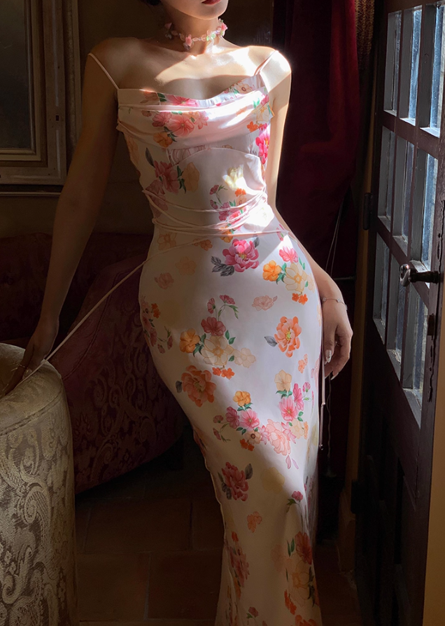 Pretty Sheath Spaghetti Pink Print Floral Satin Prom Dress Party Dress Outfit DP3531