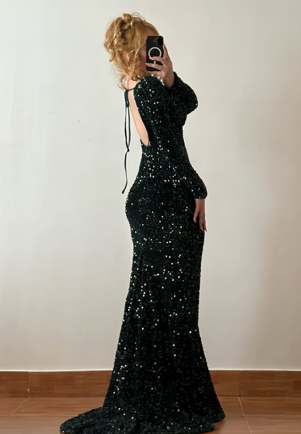 Shiny Sheath Long Sleeve Sequin Backless Prom Dress Evening Dress DP6421