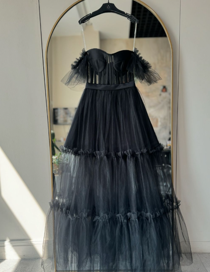 Black A Line Straps Corset Layered Tulle Prom Dress Party Dress Evening Dress DP3381