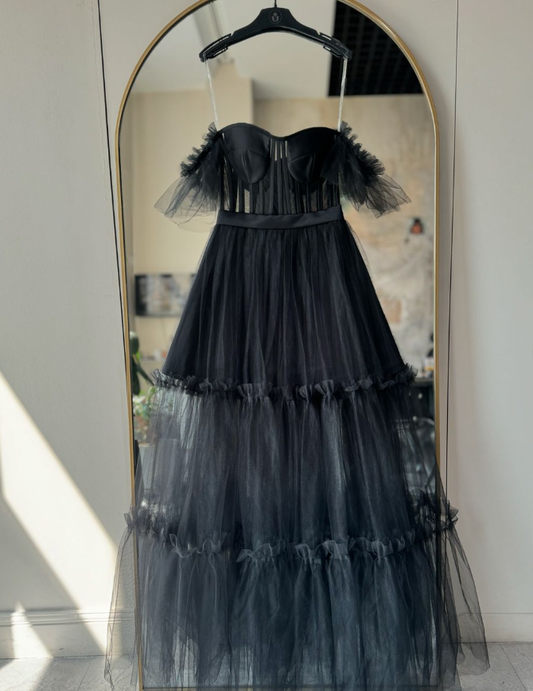 Black A Line Straps Corset Layered Tulle Prom Dress Party Dress Evening Dress DP3381