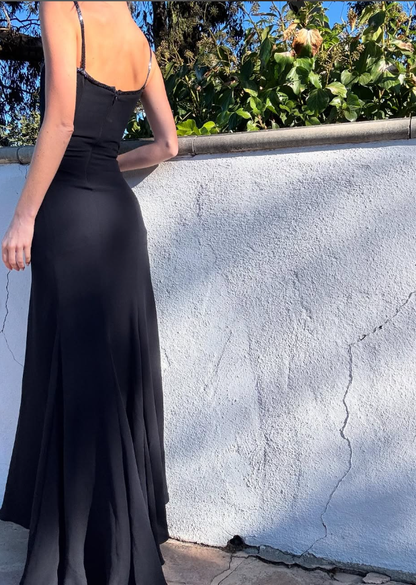 Elegant Sheath Spaghetti Strap Black Sequin Satin Prom Dress Evening Dress DP2084