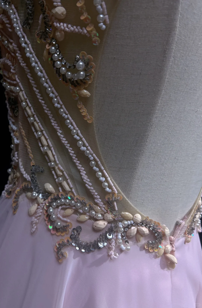 Elegant A Line Round Neck Beaded Pink Chiffon Long Open Back Prom Dress Party Dress DP2769