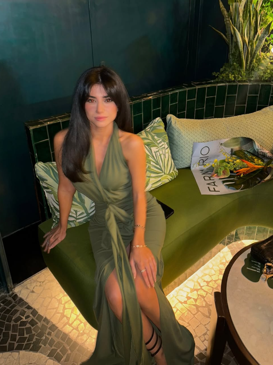 Green Sheath Halter V Neck Satin Prom Dress Evening Dress with Slit DP1672