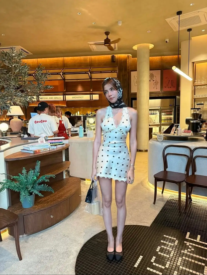 Cute A Line Halter Classic Polka Dot Lace Satin Short Homecoming Dress Outfits DP4518