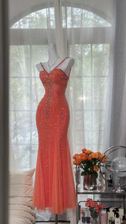 Vintage Mermaid Spaghetti Strap Exquisite Rhinestone Tulle Prom Dress Wedding Guest Dress DP4154