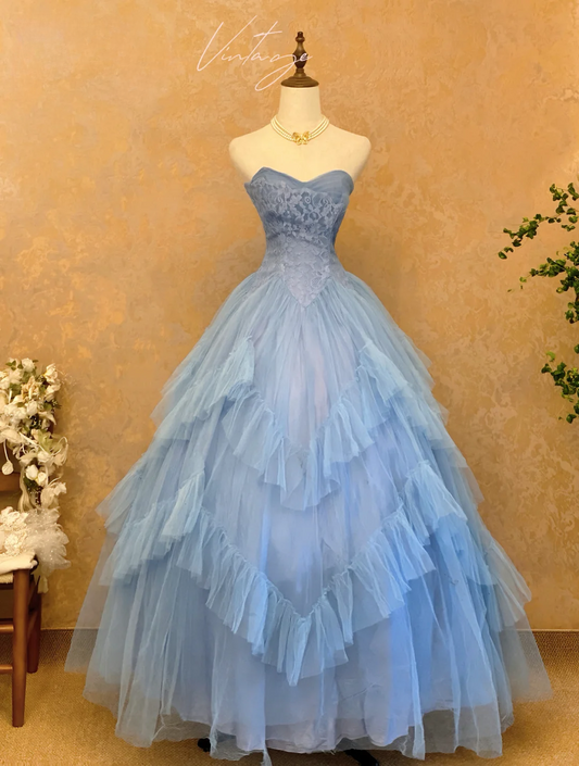 Vintage Blue Ball Gown Sweetheart Neck Lace Tulle Prom Dress Graduation Ball Gown DP4575