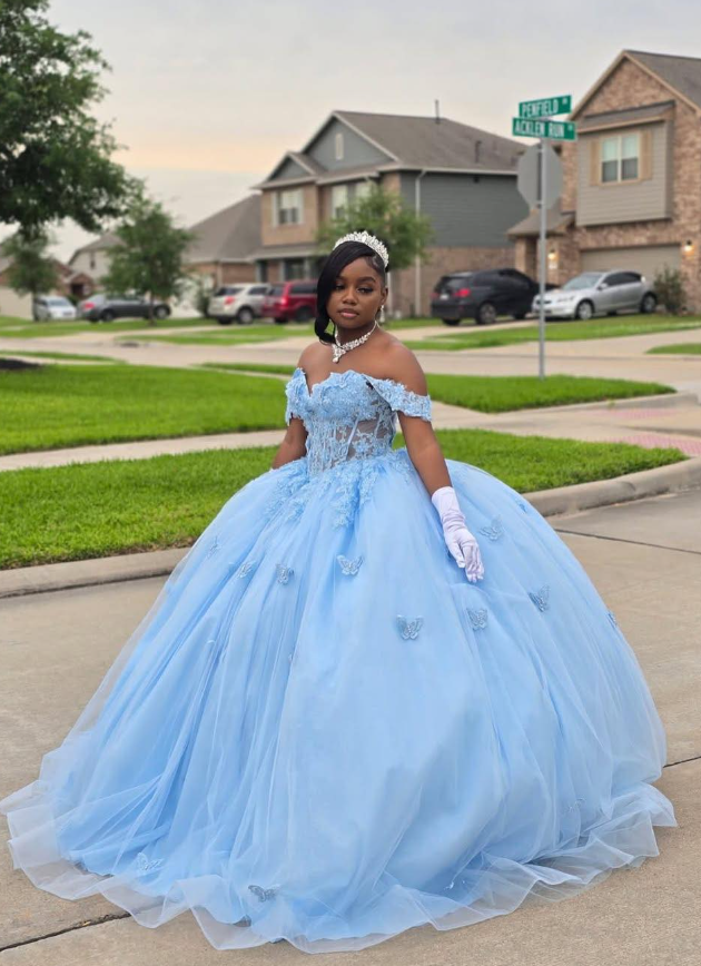 Princess Blue Ball Gown Off the Shoulder Beaded Corset Tulle 16th Birthday Dress DP5063