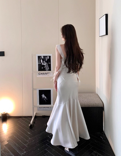 Elegant White Mermaid Straps Satin Prom Dress Formal Dress Evening Dress DP3451