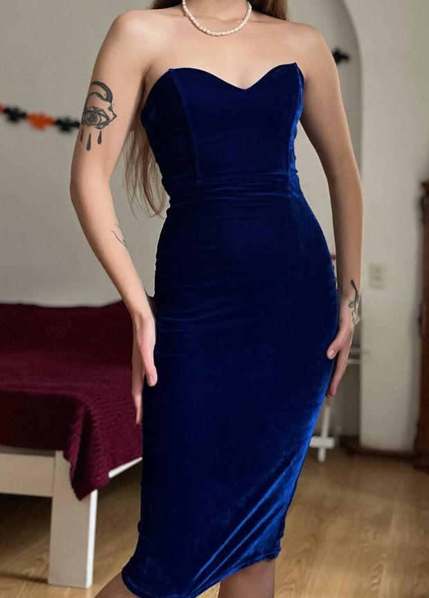 Vintage Sheath Sweetheart Neck Royal Blue Velvet Knee Length Prom Dress Evening Dress DP5727