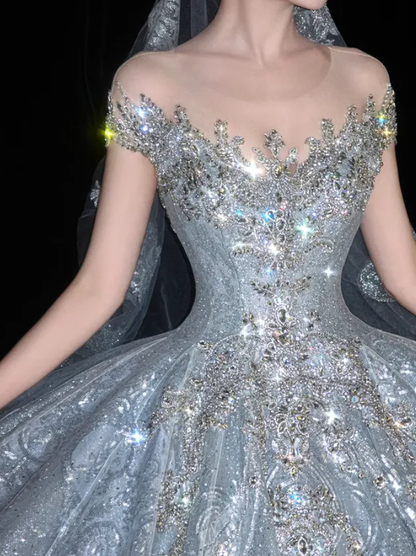 Shiny Ball Gown Off the Shoulder Beaded Silver Sequin Long Prom Dress Wedding Dress DP4644