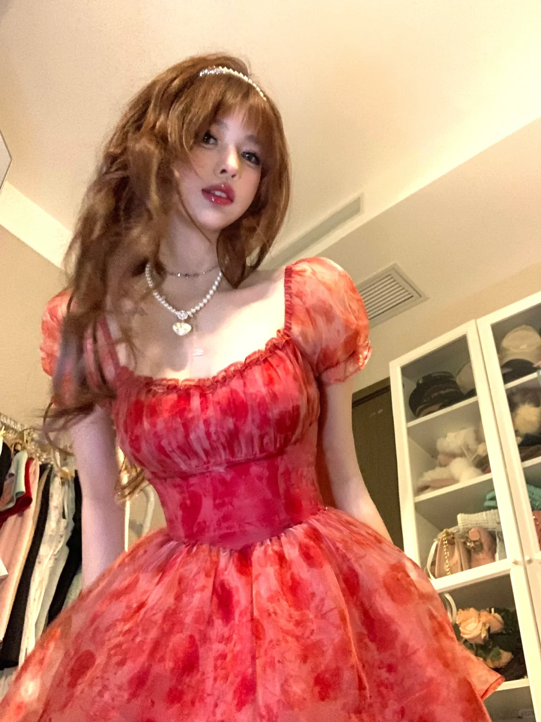 Cute A Line Puff Red Print Floral Chiffon Short Homecoming Dress Cocktail Dress DP2671
