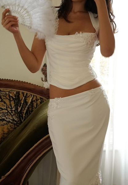 White Sheath Two Piece Appliques Chiffon Short Homecoming Dress Outfits DP5121