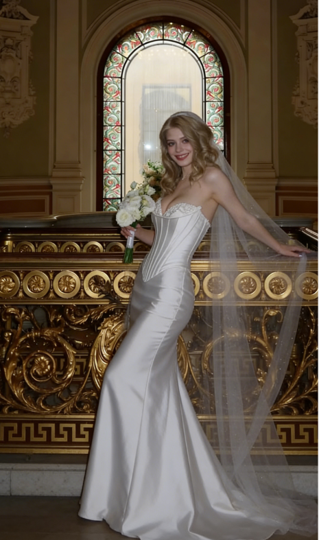 Stunning Mermaid Strapless Beaded Corset White Satin Wedding Dress DP3282