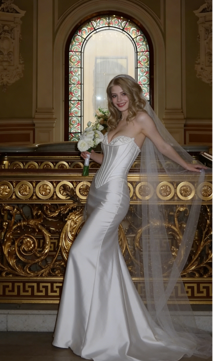 Stunning Mermaid Strapless Beaded Corset White Satin Wedding Dress DP3282