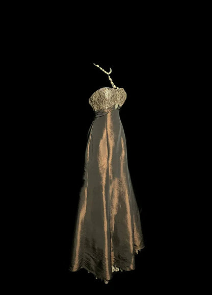 Vintage A Line Strapless Lace Beaded Satin Party Gown Prom Dress DP3353