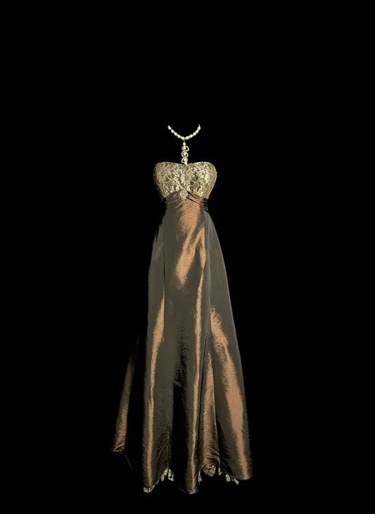 Vintage A Line Strapless Lace Beaded Satin Party Gown Prom Dress DP3353