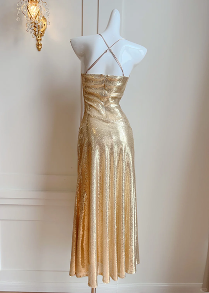 Sexy A Line Halter Gold Sequin Open Back Party Dress Cocktail Dress DP2646